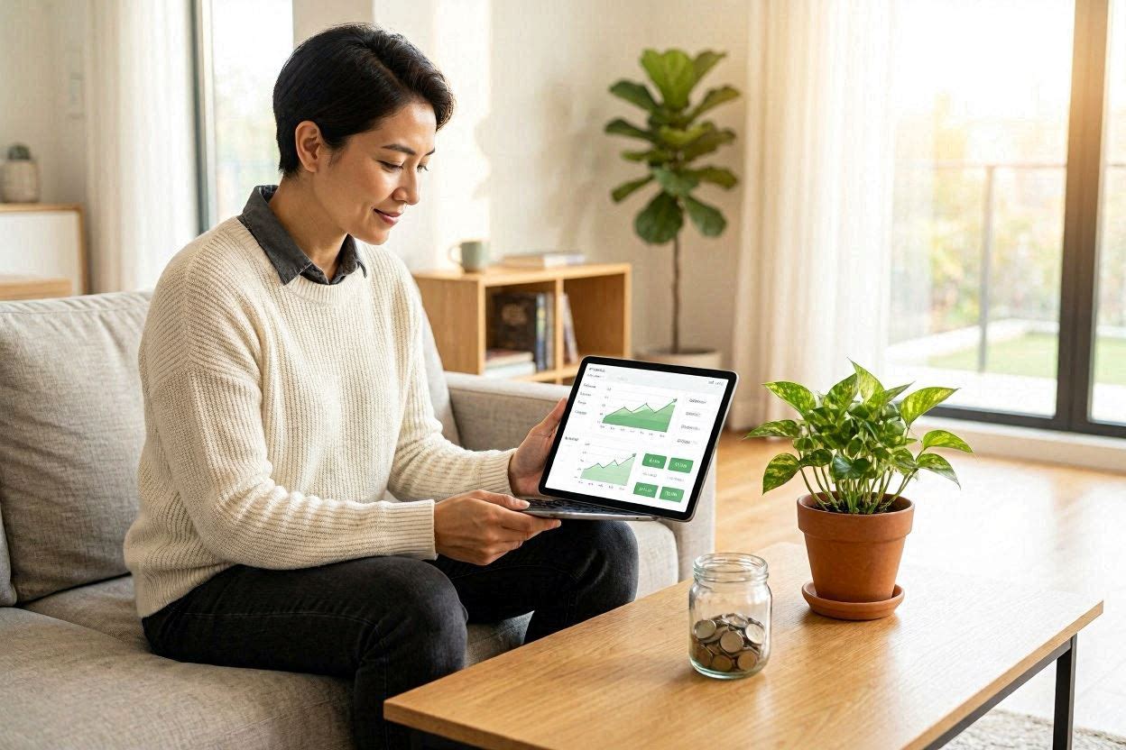 Overhead flat-lay shot of a millennial's wooden desk with a laptop showing a financial graph, a notebook labeled Budget, a matcha latte, and a small plant symbolizing work-life balance.