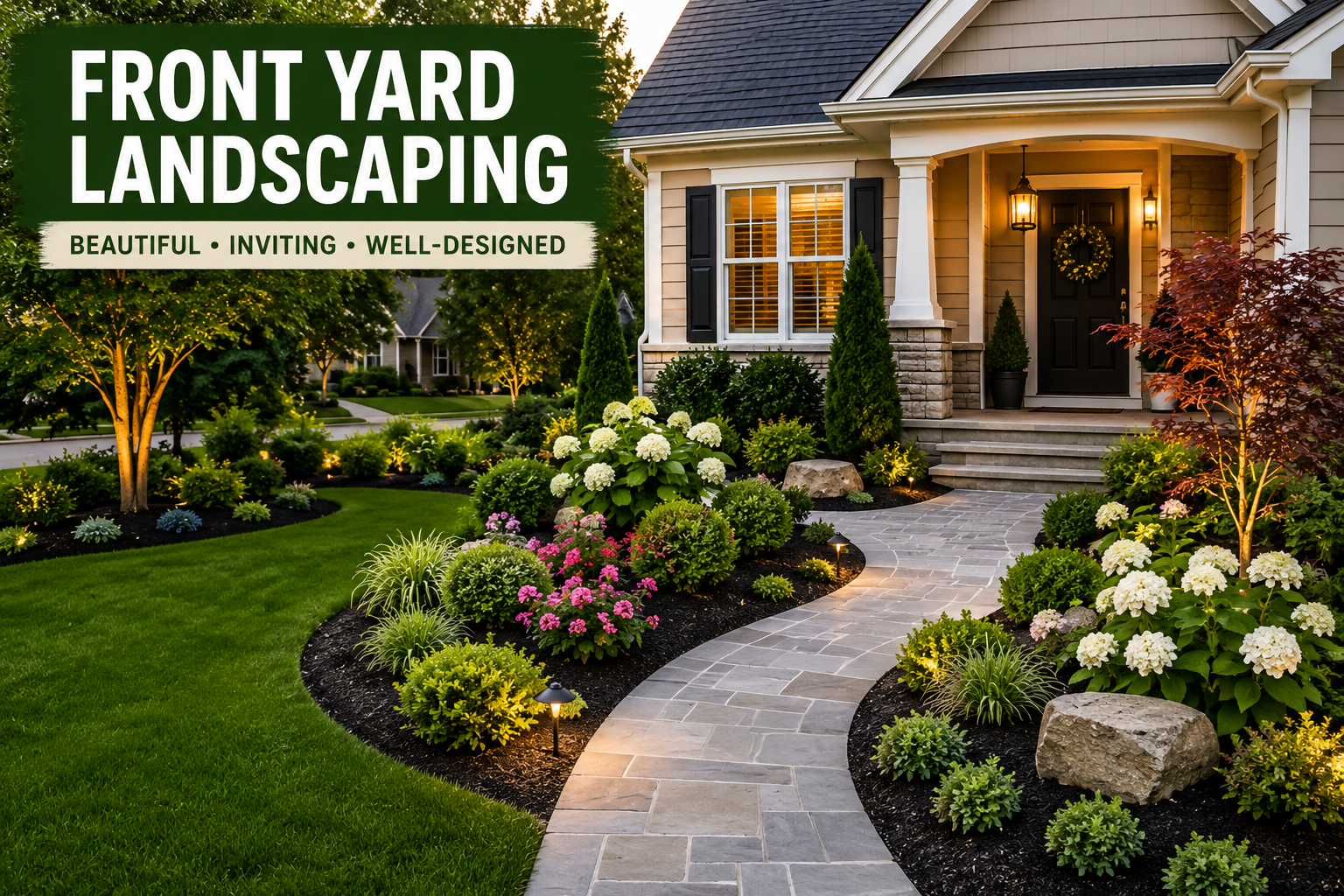 Beautiful front yard landscaping featuring a curved stone walkway, lush green lawn, colorful flower beds, evergreen shrubs, and elegant outdoor lighting.