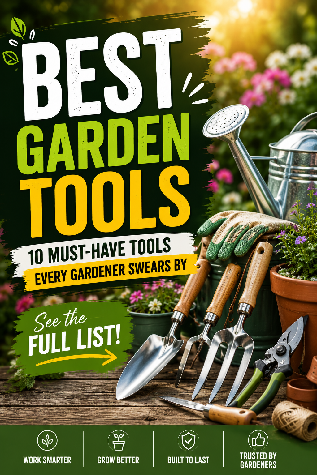 Best garden tools including a hand trowel, pruning shears, garden fork, watering can, gloves, and other essential gardening equipment displayed in a beautiful backyard garden.
