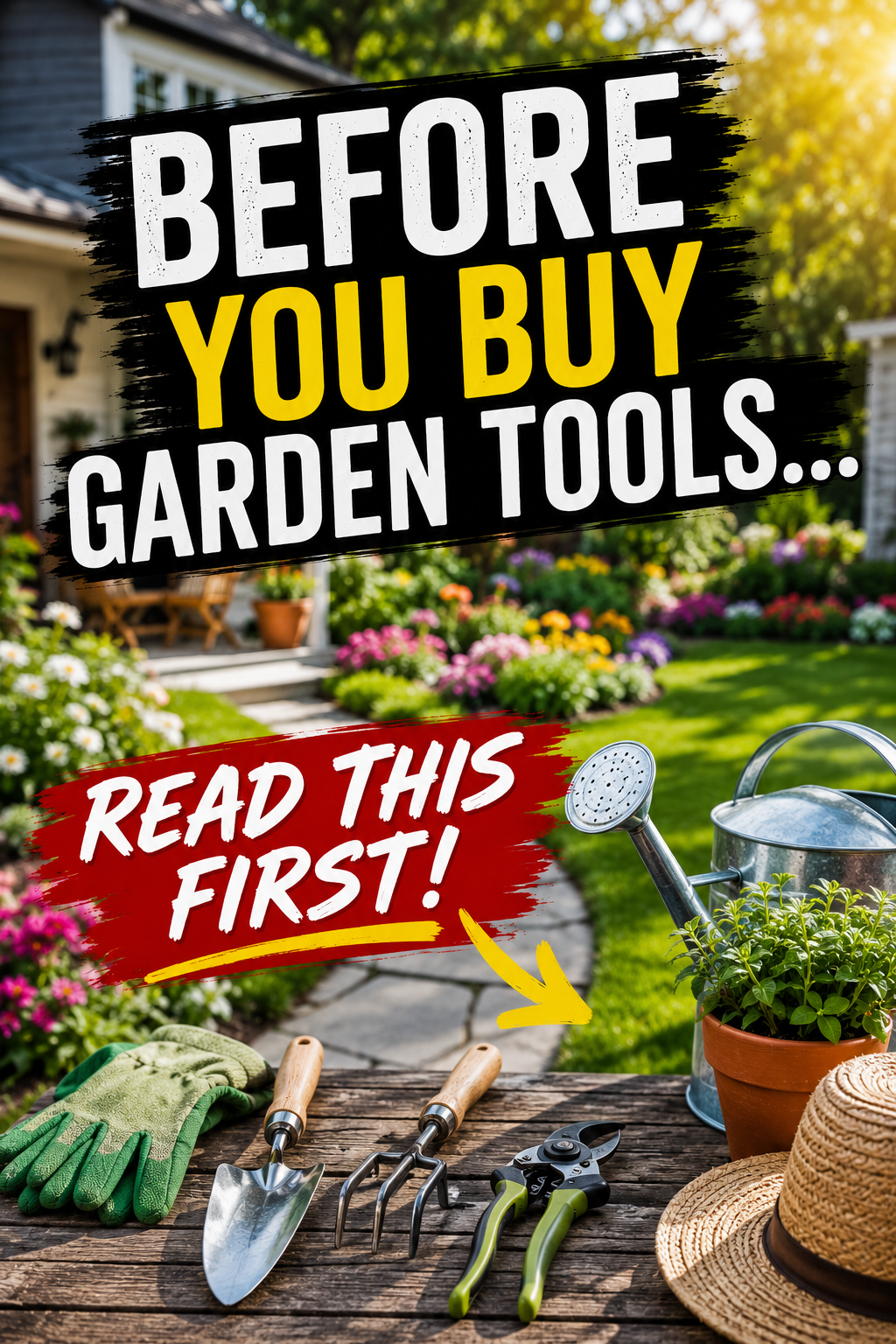 Essential garden tools including a hand trowel, pruning shears, gloves, and watering can displayed in a beautiful backyard garden before purchasing gardening equipment.