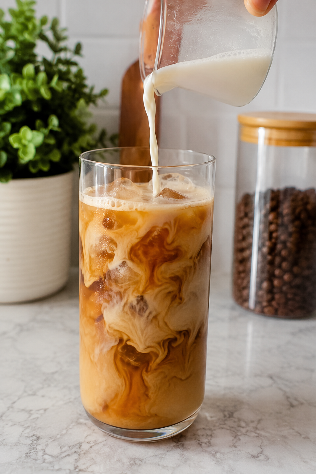 Creamy homemade iced coffee being prepared with cold milk poured over coffee and ice in a glass on a kitchen countertop.
