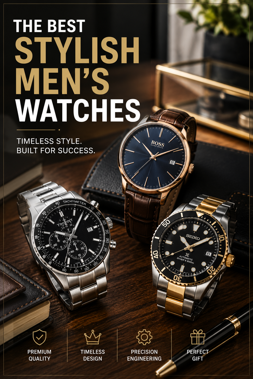 Luxury stylish men's watches displayed on a wooden desk featuring stainless steel and leather wristwatches in an elegant premium setting.