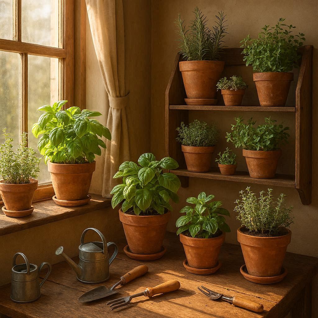 Beautiful indoor herb garden featuring basil, rosemary, thyme, mint, and oregano growing in terracotta pots on a wooden shelf beside a sunny window.