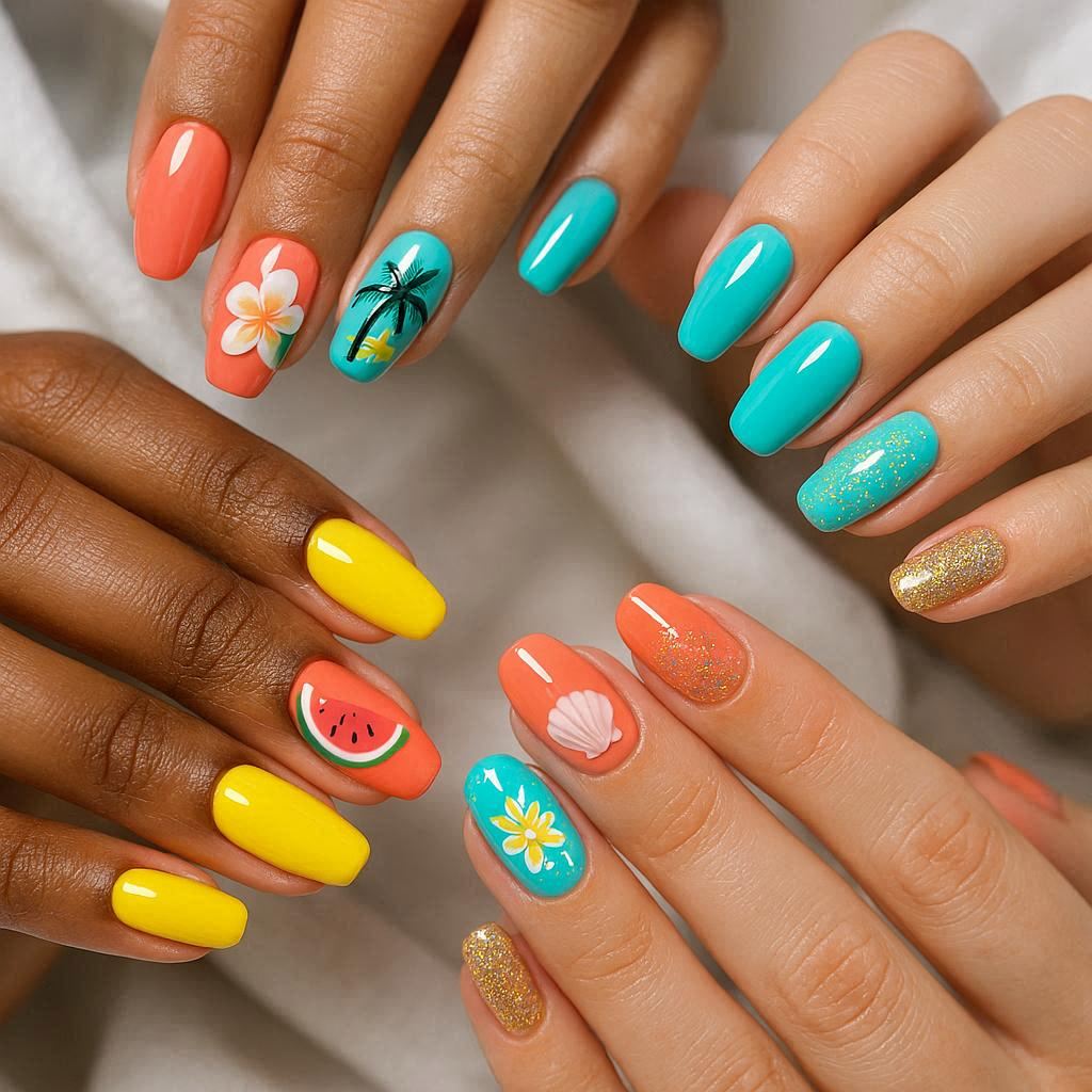 Colorful summer nail ideas featuring coral, turquoise, yellow, glitter, tropical flowers, palm trees, watermelon art, and beach-inspired nail designs.